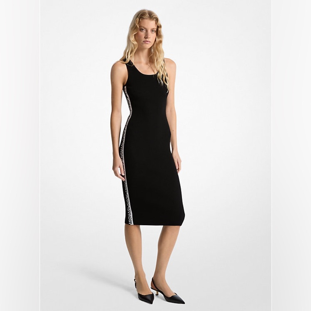 michael kors black logo midi sleeveless tape dress